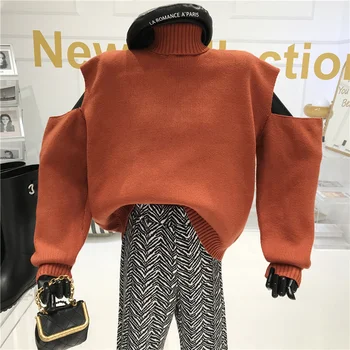 Diseño de sentido fuera del hombro de cuello alto suéter de las Mujeres Otoño/Invierno 2020 manga Larga Holgado de color sólido de Jersey de punto camisa