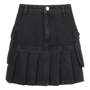 Vintage y2k Plisado Jeans Faldas de las Mujeres Oscuro de la Academia de la Moda de las Faldas Goth Negra de Cintura Alta Falda de los años 90 coreano Bolsillos Cuteandpscho