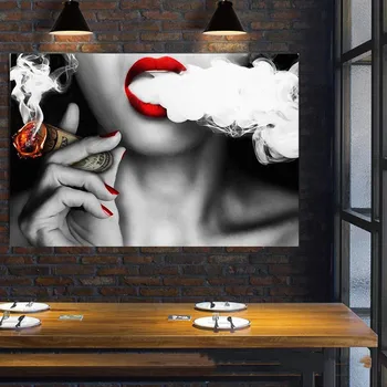 La moda de Fumar Chica Sexy Labios Imágenes Abstractas Carteles y Grabados de Arte de Pared con Pinturas en Lienzo de Arte Moderno de Graffiti Mural de Fotos