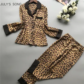 JULIO de LA CANCIÓN de Moda del Leopardo Impreso el Pijama de 2 Piezas de Conjunto de Satén con cuello en V manga Larga Pijama de Imitación de Seda de las Mujeres ropa de dormir Pijamas
