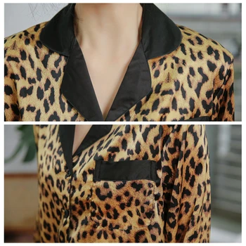 JULIO de LA CANCIÓN de Moda del Leopardo Impreso el Pijama de 2 Piezas de Conjunto de Satén con cuello en V manga Larga Pijama de Imitación de Seda de las Mujeres ropa de dormir Pijamas
