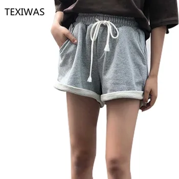 TEXIWAS 2018 Plus tamaño Mujeres cordones de las Señoras de pierna Amplia harén pantalones cortos Casuales de la Aptitud de Algodón Ejercicio Suelto Curl Lado Cortos de Verano