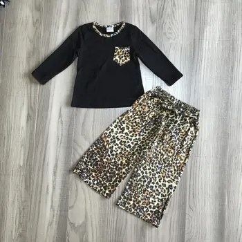 Girlymax de las Niñas de bebé de Otoño traje de las niñas de leopardo conjunto de niña de negro raglan chica sueltos pantalones