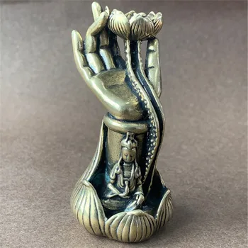 Vintage de Cobre Buda de la Mano de Lotus Base de Reflujo Quemador de Incienso de la Decoración de Latón Sentado guanyin Figuritas de Adorno de Decoración para el Hogar