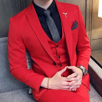 Slim fit Rojo Casual para Hombre Traje de 3 piezas Macho de la Boda de Esmoquin Hombre de la Chaqueta Chaleco con Pantalones Última capa de Diseño de Moda de Hombre