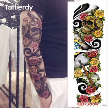 80pcs/lot Grandes Grandes Tatuajes Temporales pegatinas del Brazo Fresco Falso Tatuaje Diseños de mangas Negras de Fuego de la Muerte de Cráneo Rose wholesale