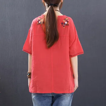 Nueva 2019 Étnica de Flores Bordado de Verano T-shirt de manga Corta Estilo Nacional de Alta Calidad Ropa de cama de Algodón de las Mujeres T-Shirt 4 Colores