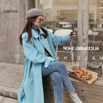 Moda Casual De Las Mujeres Abrigo De Lana De Invierno Elegante Solo Pecho Cinturón Azul Abrigo Suelto
