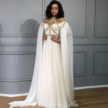 Blanco y Oro Vestidos de Noche de Cuello Alto con Cuentas Una Línea de árabe de Dubai capa Larga de Gasa de Oriente Medio, las Mujeres de Vestidos de fiesta de Fiesta de 2020
