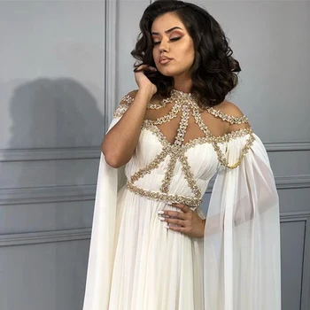 Blanco y Oro Vestidos de Noche de Cuello Alto con Cuentas Una Línea de árabe de Dubai capa Larga de Gasa de Oriente Medio, las Mujeres de Vestidos de fiesta de Fiesta de 2020
