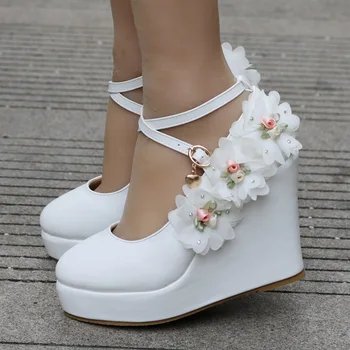2020 nuevos Blancos de las Cuñas de la Boda Bombas de Dulce Flor Blanca de Encaje de Perlas Plataforma de la Bomba de Zapatos de Novia de Tacón Alto W13