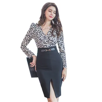 La moda de la Nueva Llegada de la Primavera Cuello V Sexy Blusa de Leopardo y Negro Dividir la Envoltura de la Falda de Otoño Streetwear Pieza de 2 para las Mujeres de las Señoras