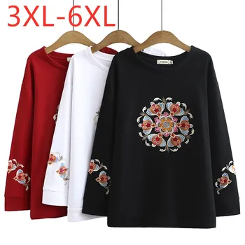 Nuevas damas de otoño invierno plus tamaño tops para las mujeres grandes de jersey de manga larga suelta gruesa negro T-shirt de impresión 3XL 4XL 5XL 6XL