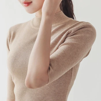 Gkfnmt Mujeres Suave Elegante Jersey Suéter de Punto de Tirar la Mitad de Cuello alto de los Tops de Primavera, de Otoño de la Mitad de la Manga de la Elasticidad de la Puente coreano