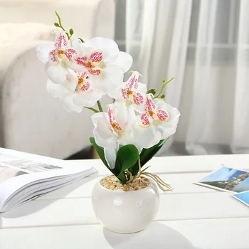 1 Conjunto de Macetas Artificial de la Flor de la Orquídea+Espuma de la hoja de Plástico +jarrón de Doble Horquilla de Simulación de Flores Lindo Bonsai Accesorios de Decoración para el Hogar
