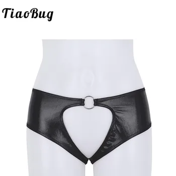 TiaoBug Mujeres Lencería de Cuero de Imitación Crotchless Suspensorio Sexy Hombres de poca altura Briefs Underwear ropa interior con Metal O-Rings Tanga