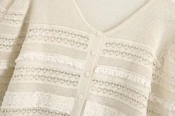 2020 Retro Empalmados Encaje Rayas Línea de un Solo Pecho de Botones de manga Larga Suéter de las Mujeres francesas Cardigan de Punto Recortada Suéter