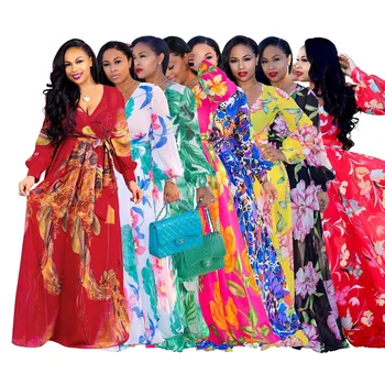 Patrón Floral Flores Cuadros Geométricos de Impresión de Mangas Largas Hermosa Suelto Maxi Vestido de Gasa con Fajas Trajes de las Mujeres