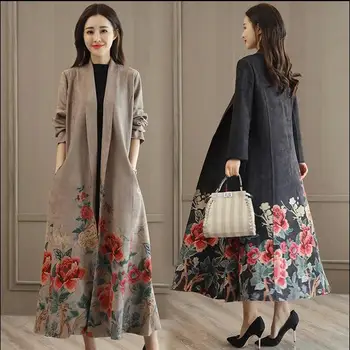 Cazadora de mujer primavera otoño de impresión tendencia de la moda abrigo con cinturón de plus tamaño 3XL
