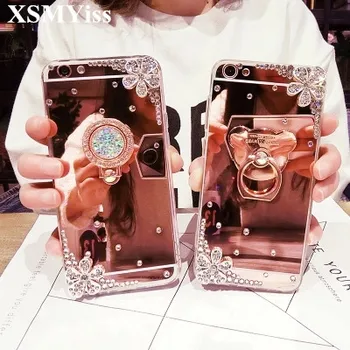 XSMYiss Para Samsung A8 A6 PLUS A50 A70 j5 j7 2017 j6 j8 2018 Lujo Bling Rhinestone Diamante Suave Espejo Anillo Titular de la caja del Teléfono
