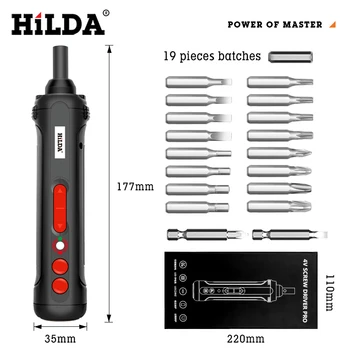HILDA 4V Eléctrico Destornillador Inalámbrico Taladro Eléctrico Recargable USB Manejar con LED de 19 de Conjunto de Bits de Perforación