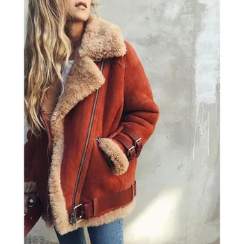Las mujeres de la moda de la ropa en el otoño y el invierno, personalizada motocicleta pieles de ciervo cachemira de piel de cordero solapa abrigo de piel