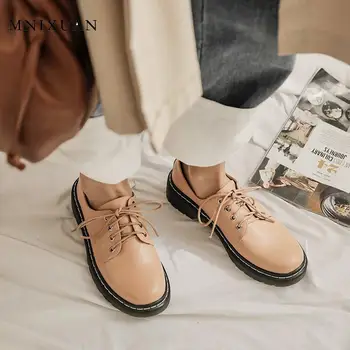 MNIXUAN las Mujeres de corea Zapatos Cómodos 2019 nueva dedo del pie redondo de encaje hasta los pisos de oxford negro de la plataforma de Damas de gran tamaño 10 42 zapatos blanco