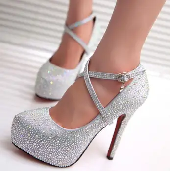 Las mujeres zapatos de tacón alto de baile zapatos de la boda de la dama de cristal plataformas de diamante de imitación zapatos de novia de fiesta de diamante de alta talón dfv56