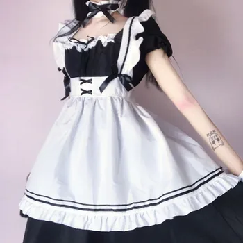 QWEEK Kawaii Vestido de Maid Maid Lolita Atuendo Lindo francés de la Criada de Trajes Cosplay Uniforme Japonés Puff Manga Vendaje Vestido de Camarera