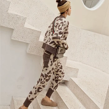 2020 de la Nueva temporada Otoño-Invierno Suéter de la Mujer Leopardo de Punto Trajes de 2 piezas del Conjunto del Soild Suéter+Pantalones de ropa de Traje Cálido Jersey