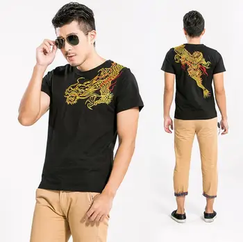 Estilo chino de Diseño de Tatuaje de Dragón T-shirts para Hombres de Verano Casual Bordado de Algodón de Manga Corta T shirt Tops Camisetas de Alta Calidad