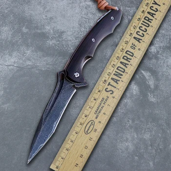 Bolsillo plegable cuchillo con vaina de cuero VG10 hoja de acero de Damasco de ébano de la manija de la Auto-defensa cuchillo de caza