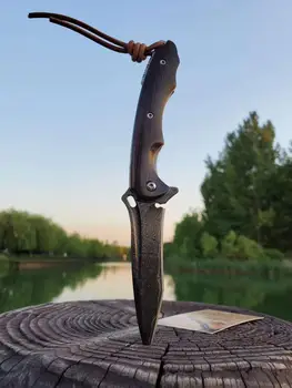 Bolsillo plegable cuchillo con vaina de cuero VG10 hoja de acero de Damasco de ébano de la manija de la Auto-defensa cuchillo de caza