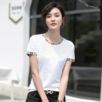 Nueva 2020 camiseta de Manga Corta de las Mujeres de corea del Estilo Popular de Cuello Redondo Costuras Slim parte Superior Simple de Ropa de Mujer Camiseta Mujer