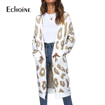 Otoño, Invierno, Navidad Suéter de las Mujeres Casual Largo Cardigan 2019 Leopardo Nuevo Abrigo de Punto Mujer Chaquetas de Streetwear Feminino
