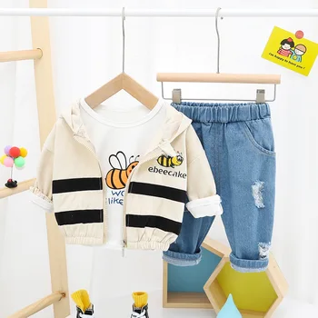 Otoño de Niños del Bebé de dibujos animados de la Abeja camisetas + ropa de Abrigo Chaquetas Abrigos + Pantalones Vaqueros Casuales Niños Conjuntos de 3 piezas de Ropa Trajes