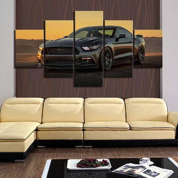 5 Pieza HD de Coches de Lujo de Imagen Negro Ford Mustang Coche Cartel Decorativos Pinturas de Paisajes Pinturas en Lienzo de Arte de la Pared