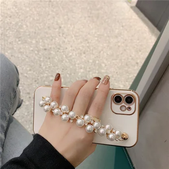La moda de galvanizar perla rhinestone pulsera de la muñeca suave de la caja del teléfono para el iPhone 11 12 Pro X XR XS Max 7 8 Plus de lujo de la cubierta de la capa