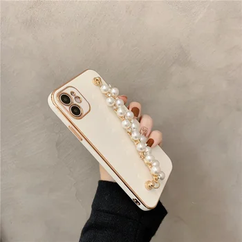 La moda de galvanizar perla rhinestone pulsera de la muñeca suave de la caja del teléfono para el iPhone 11 12 Pro X XR XS Max 7 8 Plus de lujo de la cubierta de la capa