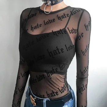 Sexy Negro Hueco de la Carta de Impresión T-Shirt Flaco parte Superior de la Malla 2020 de la Moda de Verano Básica Casual Tops para Mujer Transparente de la parte Superior