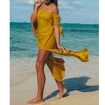 2019 Verano de las Mujeres del Traje de baño Bikini Cubrir Sexy de la Playa de encubrimiento de Gasa Largo Vestido de Elegante Sólido de Playa Traje de Baño túnica kaftan