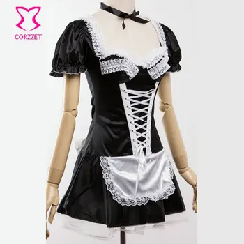 Negro de Lolita de Satén francés de la Criada de Vestir uniforme kawaii sexy traje de cosplay de anime de Fantasía de Carnaval, Disfraces de Halloween para las Mujeres