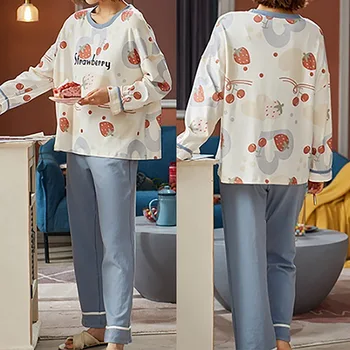 La Impresión De Las Mujeres Pijama Conjunto De Dos Piezas Traje De Manga Larga De Cuello Redondo De Arriba Sueltos Pantalones Con Cintura Elástica Chica Virgen Ropa De Hogar Soft T-Shirt