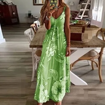 Más el Tamaño de la Impresión Floral Tirantes Vestido Maxi de las Mujeres de Verano De 2020 Sexy V-Cuello de Nuevo Suelto Vestido Largo S-5XL de la Moda de Vestidos de Playa, Sol