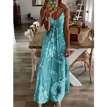 Más el Tamaño de la Impresión Floral Tirantes Vestido Maxi de las Mujeres de Verano De 2020 Sexy V-Cuello de Nuevo Suelto Vestido Largo S-5XL de la Moda de Vestidos de Playa, Sol