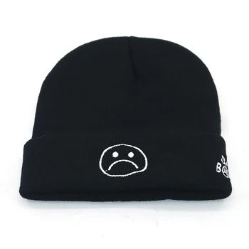 Unisex de la moda de invierno sombreros bordados triste muchacho de cara sombrero de algodón flexible negro gorro de punto gorra de hip hop de esquí de tapas de Panamá