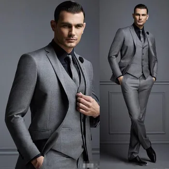 Grey Mens Traje de Novio Traje Barato Formal de Hombre, Trajes de Novia de las Mejores Hombres Slim Fit Novio Tuxedos para el Hombre(Chaqueta+Chaleco+Pantalones)terno