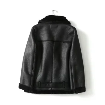 Negro de la PU de cuero de imitación de la chaqueta para mujer de la chaqueta de cuero con cuello de piel gruesa caliente biker chaqueta de las mujeres outwear damas cálidos abrigos
