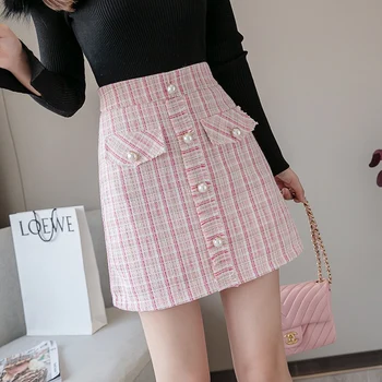 Otoño Invierno Bolsillo de Botón Frontal de lana Tweed mini faldas para mujer de 2020 rosa de Espesor corto de talle alto, una línea de Faldas minifalda C213