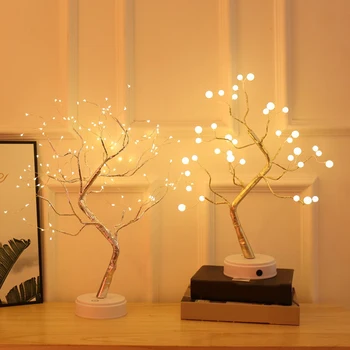 LED Dormitorio Lámpara de Mesa de Noche, las Luces USB Árbol de Navidad de la Lámpara de Cobre Alambre de Gypsophila Árbol de la Mesa de Luz para Navidad Decoración de la Habitación de Cama
